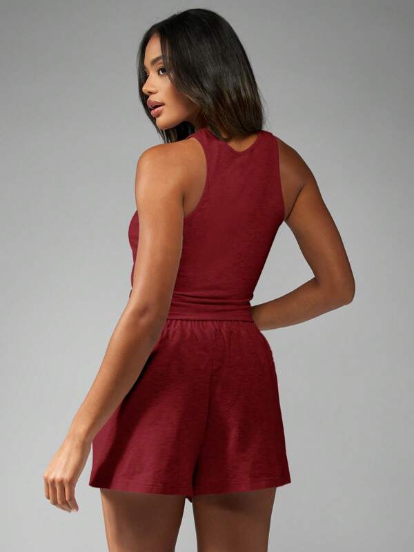 Missguided MISSGUIDED Basic Sleeveless Racer Back Tank Top And High Waist Shorts Two-Piece Outfit
