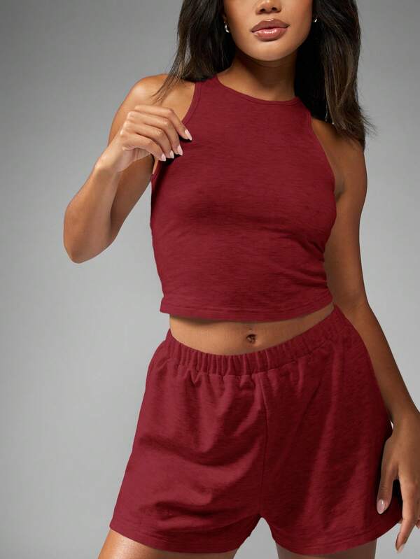 Missguided MISSGUIDED Basic Sleeveless Racer Back Tank Top And High Waist Shorts Two-Piece Outfit
