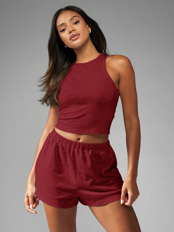 missguided MISSGUIDED Basic Sleeveless Racer Back Tank Top And High Waist Shorts Two-Piece Outfit