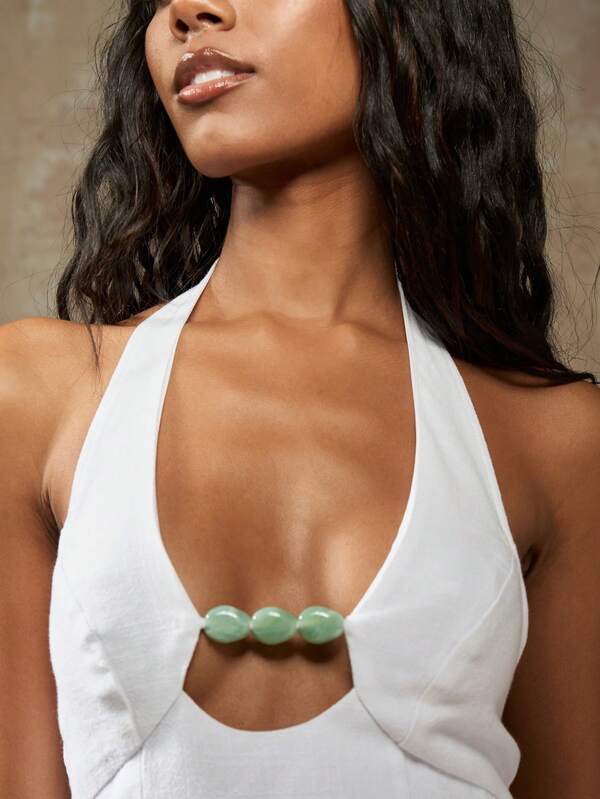 Missguided MISSGUIDED Bead Detail Linen Halter Neck Top