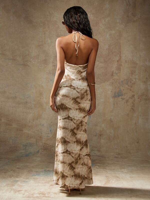 Missguided MISSGUIDED Bead Detail Plunge Neck Tie Dye Halter Bodycon Maxi Dress