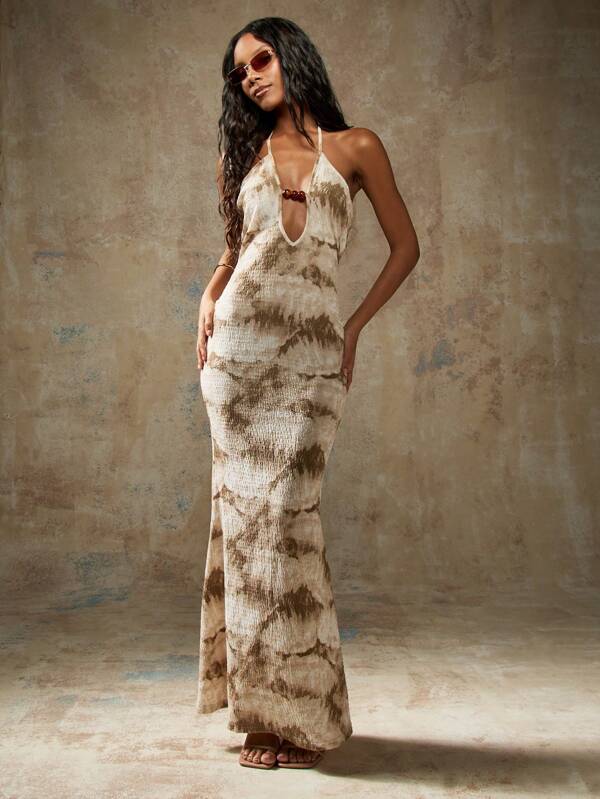 missguided MISSGUIDED Bead Detail Plunge Neck Tie Dye Halter Bodycon Maxi Dress