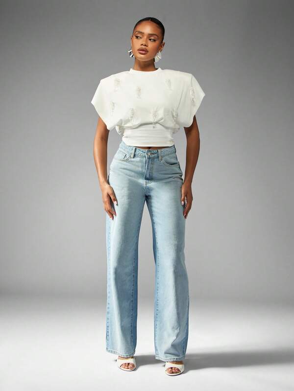 Missguided MISSGUIDED Beaded Cap Sleeve T-Shirt With Cinched Waist