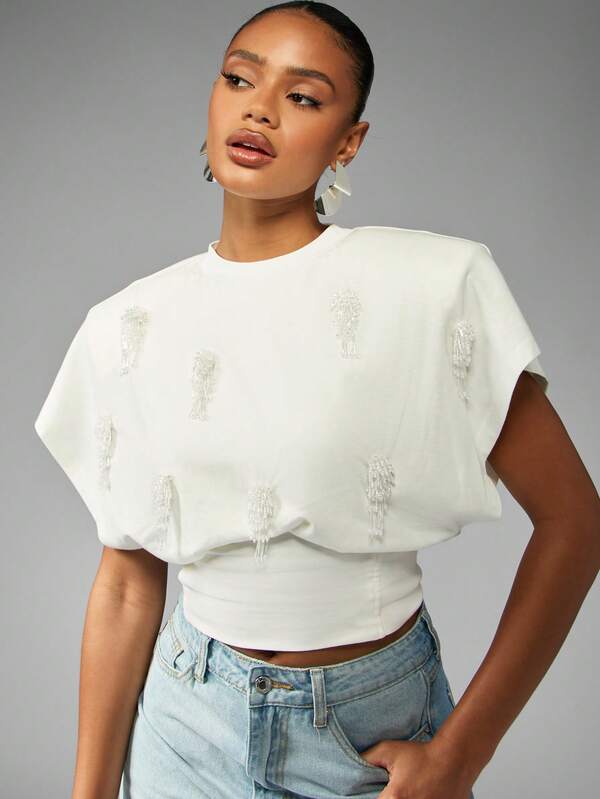 missguided MISSGUIDED Beaded Cap Sleeve T-Shirt With Cinched Waist