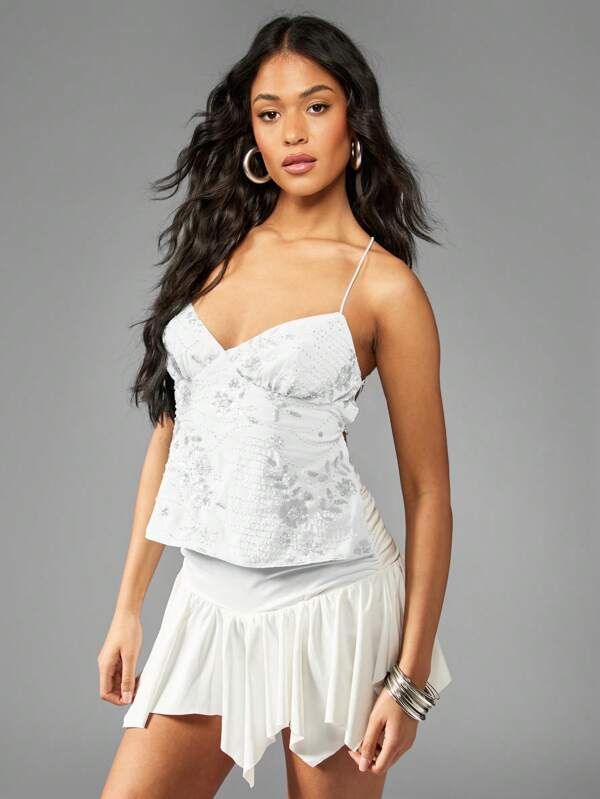 missguided MISSGUIDED Beaded Embellished Lace-Up Back Adjustable Straps Women Tops