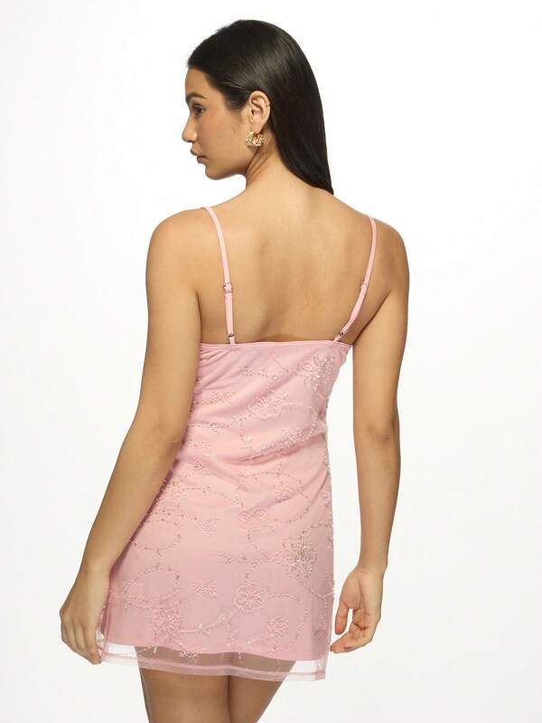 Missguided MISSGUIDED Beaded Pearl Embellished Satin Mini Dress With Sweetheart Neckline