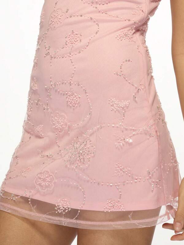 Missguided MISSGUIDED Beaded Pearl Embellished Satin Mini Dress With Sweetheart Neckline