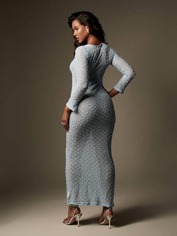 Missguided MISSGUIDED Beaded Sequin Long Sleeve Crochet Knit Women Maxi Dress