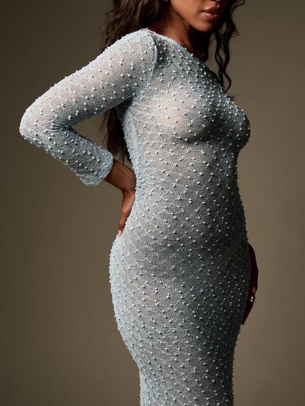 Missguided MISSGUIDED Beaded Sequin Long Sleeve Crochet Knit Women Maxi Dress