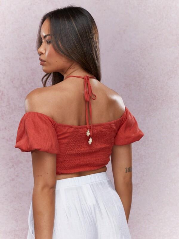 Missguided MISSGUIDED Beads Detail Halter Neck Corset Bust Bardot Crop Top