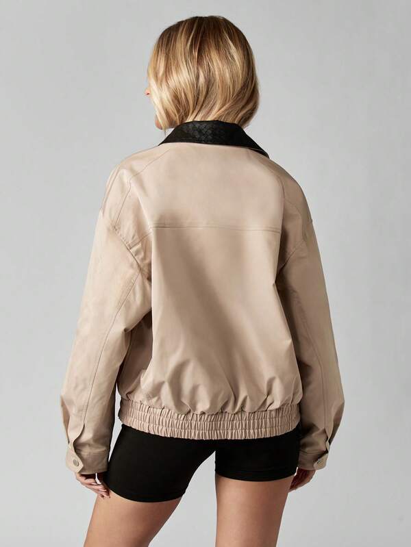 Missguided MISSGUIDED Beige Bomber Jacket With Black Quilted Collar