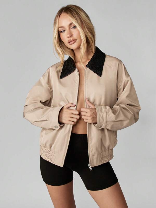 Missguided MISSGUIDED Beige Bomber Jacket With Black Quilted Collar