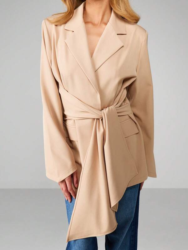 Missguided MISSGUIDED Beige Wrap Blazer With Tie Belt