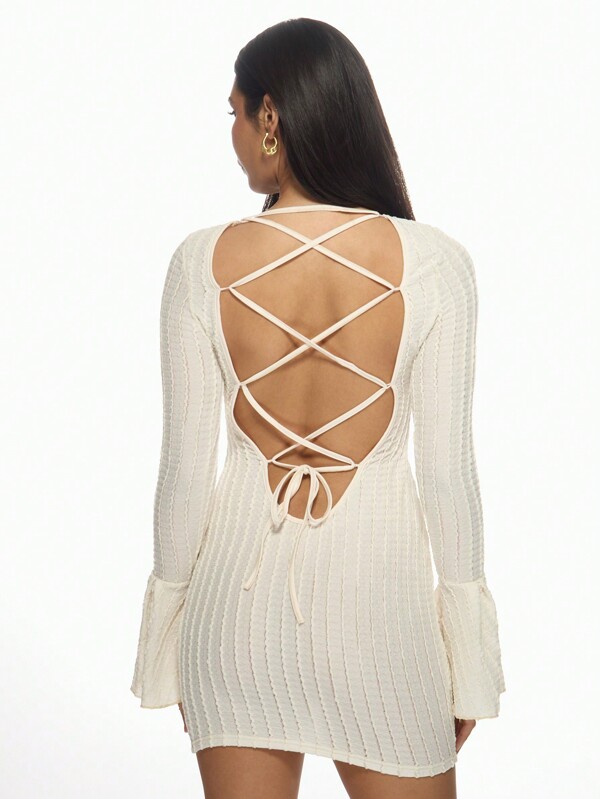 Missguided MISSGUIDED Bell Sleeve Bodycon Ribbed Knit Open Back Mini Dress