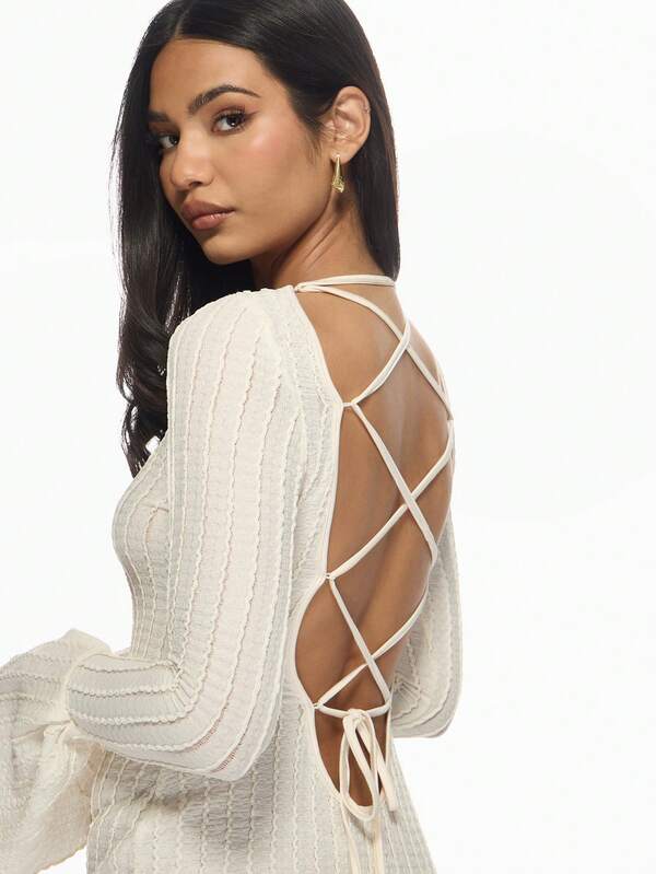 Missguided MISSGUIDED Bell Sleeve Bodycon Ribbed Knit Open Back Mini Dress