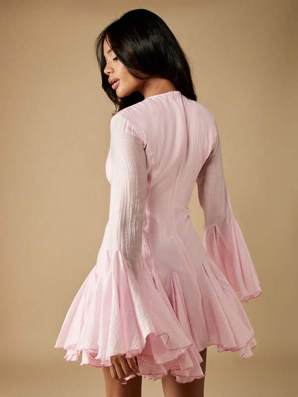 Missguided MISSGUIDED Bell Sleeve Button Front Mini Dress With Ruffled Hem