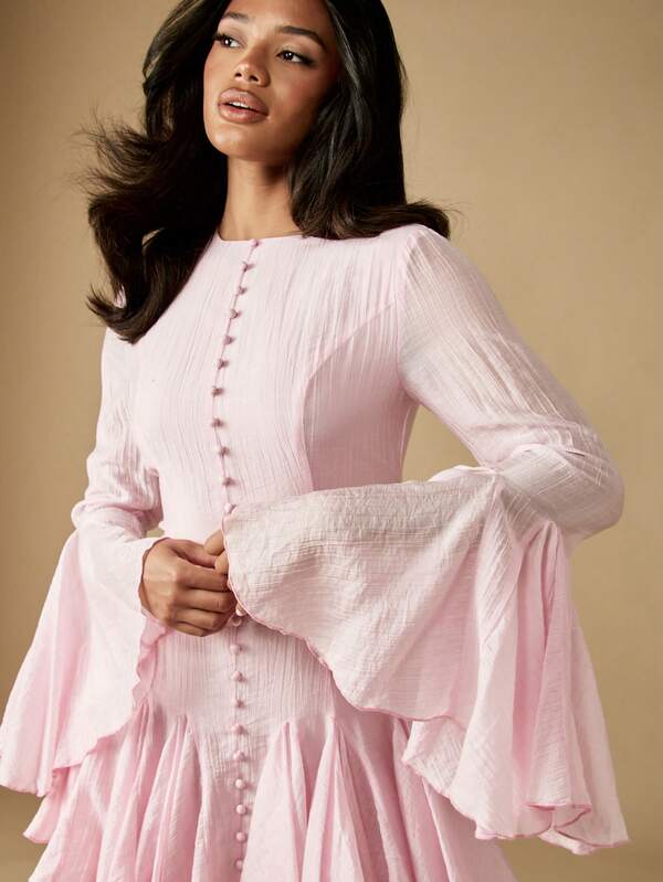 Missguided MISSGUIDED Bell Sleeve Button Front Mini Dress With Ruffled Hem