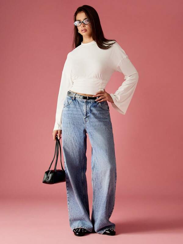 Missguided MISSGUIDED Bell Sleeve Crop Top With Cinched Waist