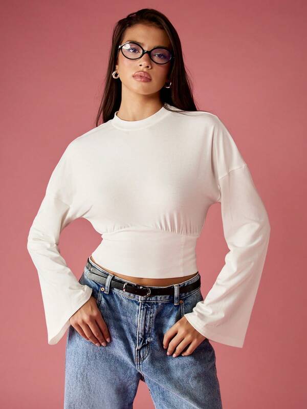missguided MISSGUIDED Bell Sleeve Crop Top With Cinched Waist