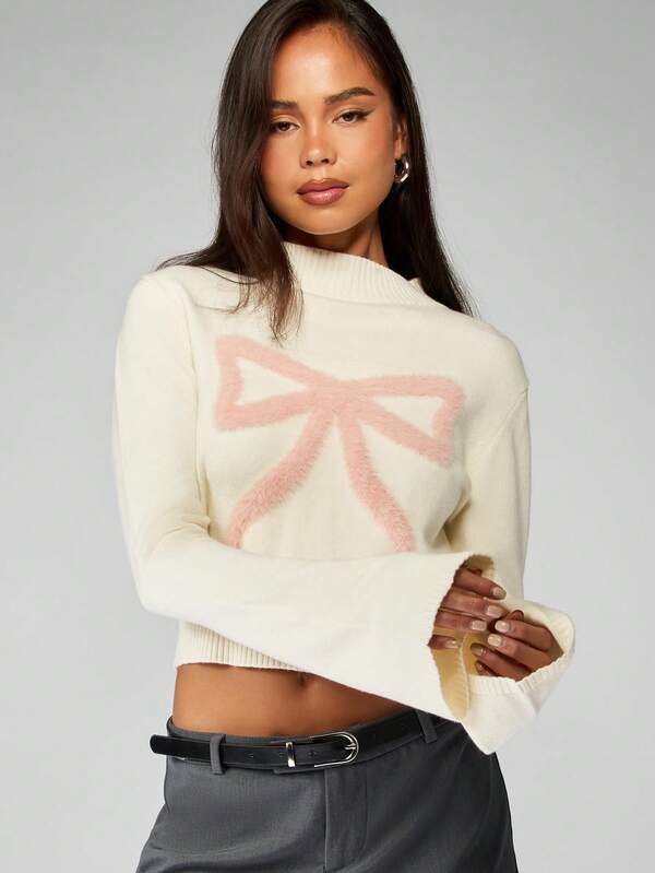 missguided MISSGUIDED Bell Sleeve Cropped Sweater With Fuzzy Bow Design