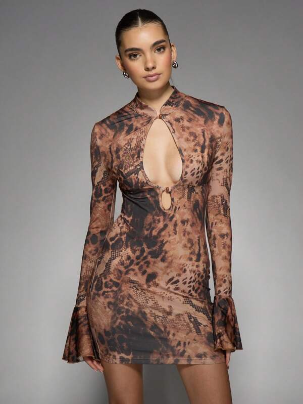 missguided MISSGUIDED Bell Sleeve Mini Dresses With Leopard Print Keyhole And Tie Front