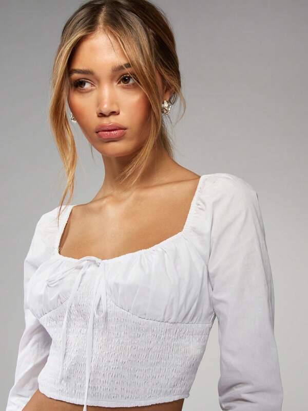 Missguided MISSGUIDED Bell Sleeve Peasant Shirred Bodice Top