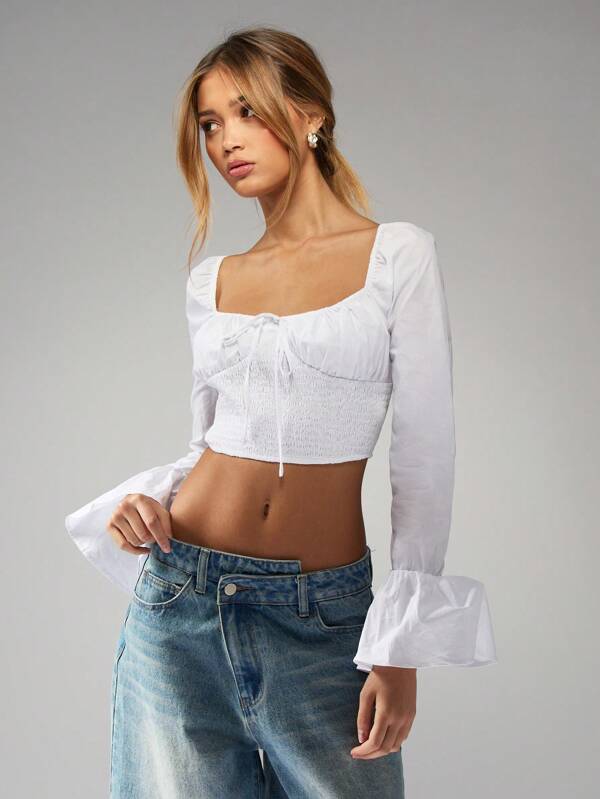 missguided MISSGUIDED Bell Sleeve Peasant Shirred Bodice Top