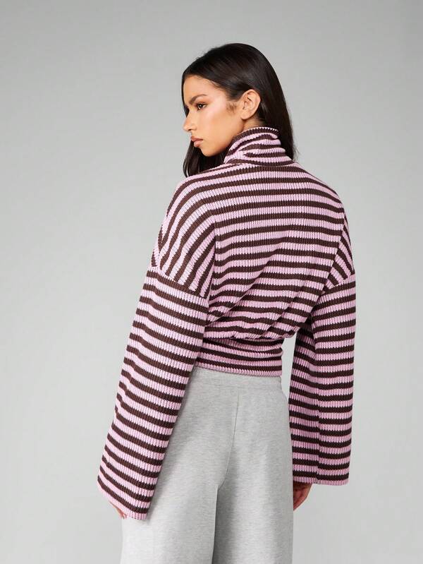 Missguided MISSGUIDED Bell Sleeve Striped Turtleneck Cropped Sweater With Ribbed Texture