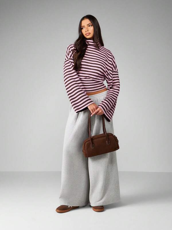Missguided MISSGUIDED Bell Sleeve Striped Turtleneck Cropped Sweater With Ribbed Texture