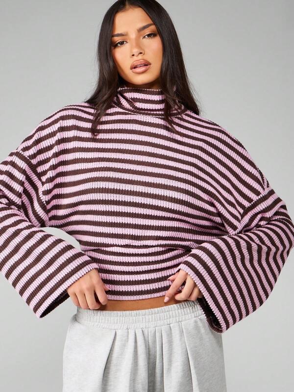 Missguided MISSGUIDED Bell Sleeve Striped Turtleneck Cropped Sweater With Ribbed Texture