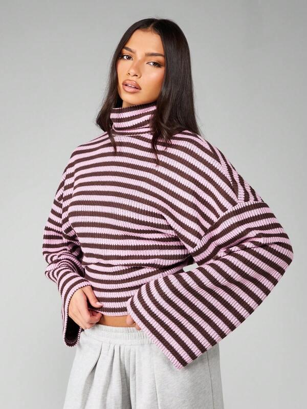 missguided MISSGUIDED Bell Sleeve Striped Turtleneck Cropped Sweater With Ribbed Texture