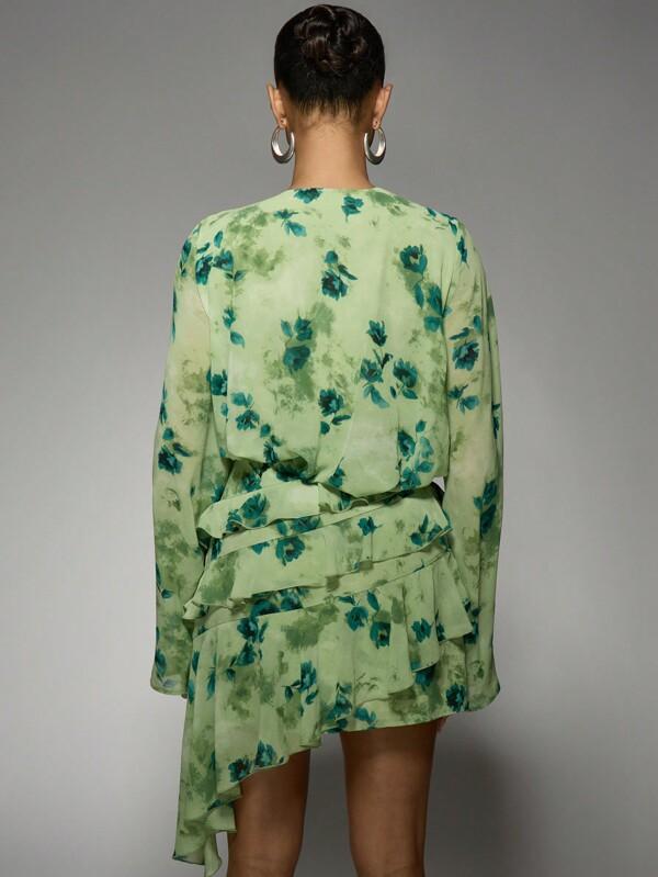 Missguided MISSGUIDED Bell Sleeve V-Neck Floral Print Mini Wrap Dress