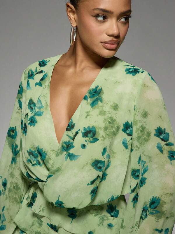 Missguided MISSGUIDED Bell Sleeve V-Neck Floral Print Mini Wrap Dress