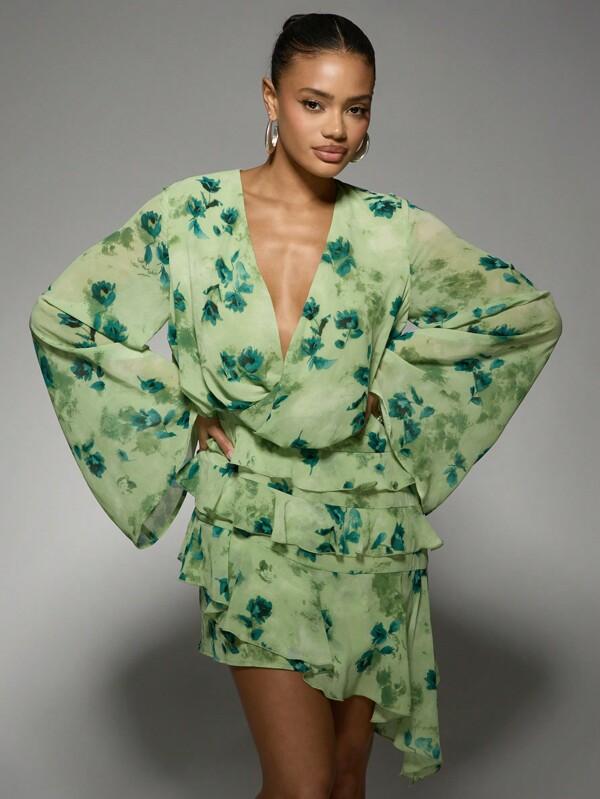 missguided MISSGUIDED Bell Sleeve V-Neck Floral Print Mini Wrap Dress