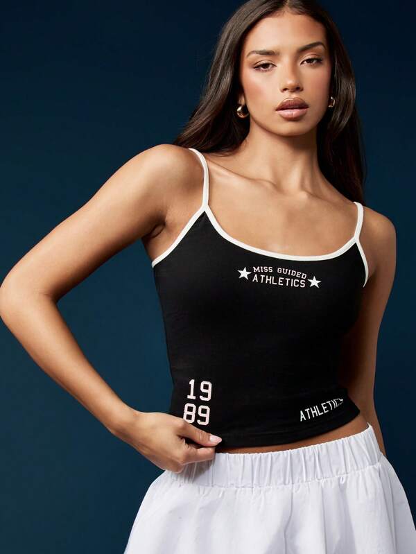 missguided MISSGUIDED Black Contrast Binding Cami Tank Top With Varsity Print