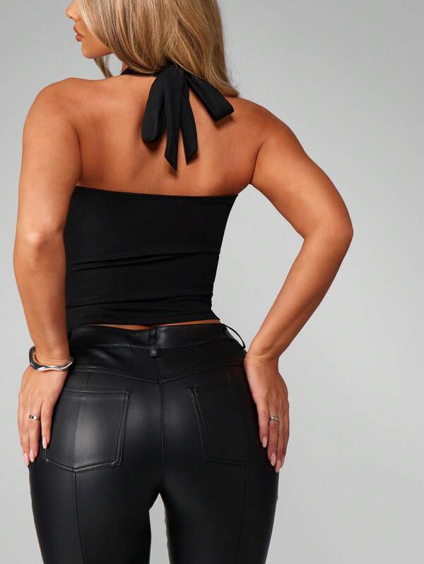 Missguided MISSGUIDED Black Halter Neck Crop Top With Crystal Detail