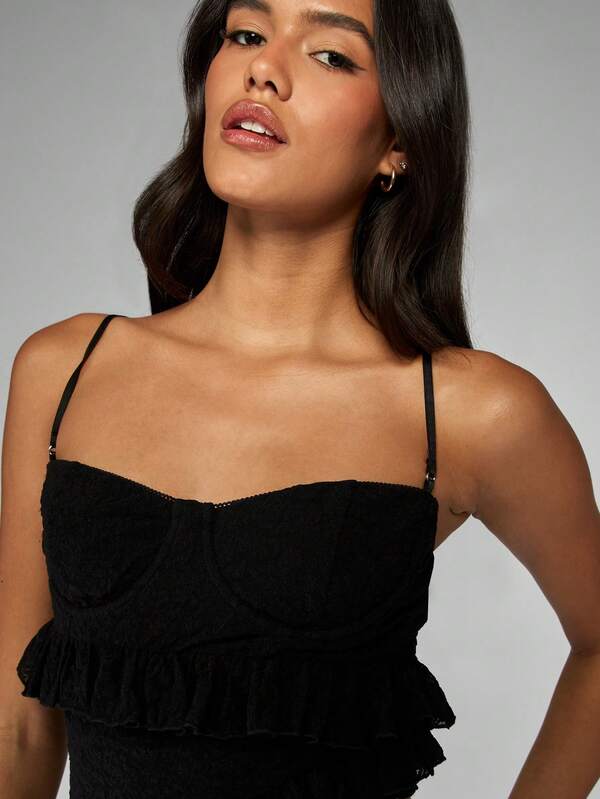 Missguided MISSGUIDED Black Lace Cami With Tiered Ruffles
