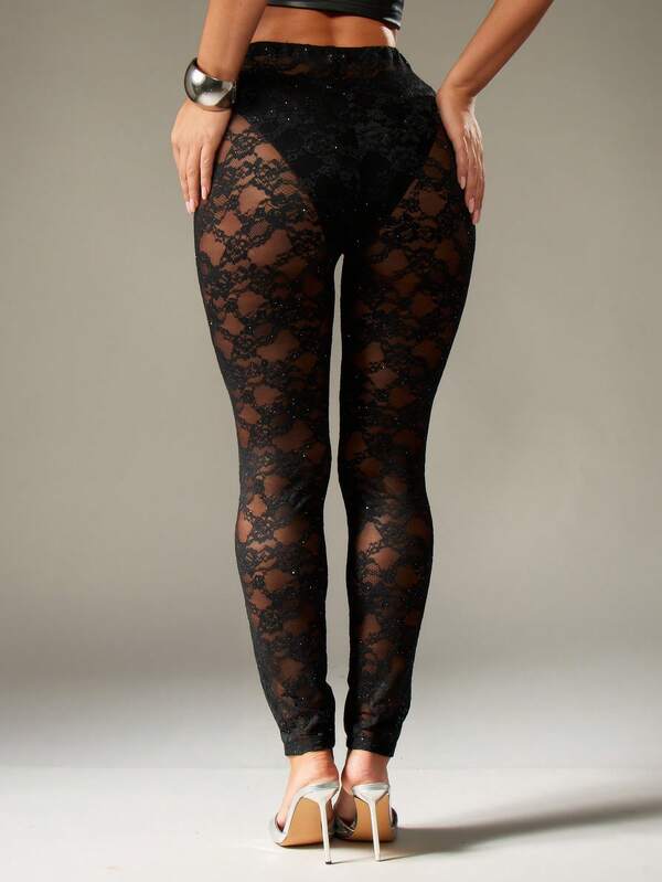 Missguided MISSGUIDED Black Lace Glitter Leggings With Floral Pattern