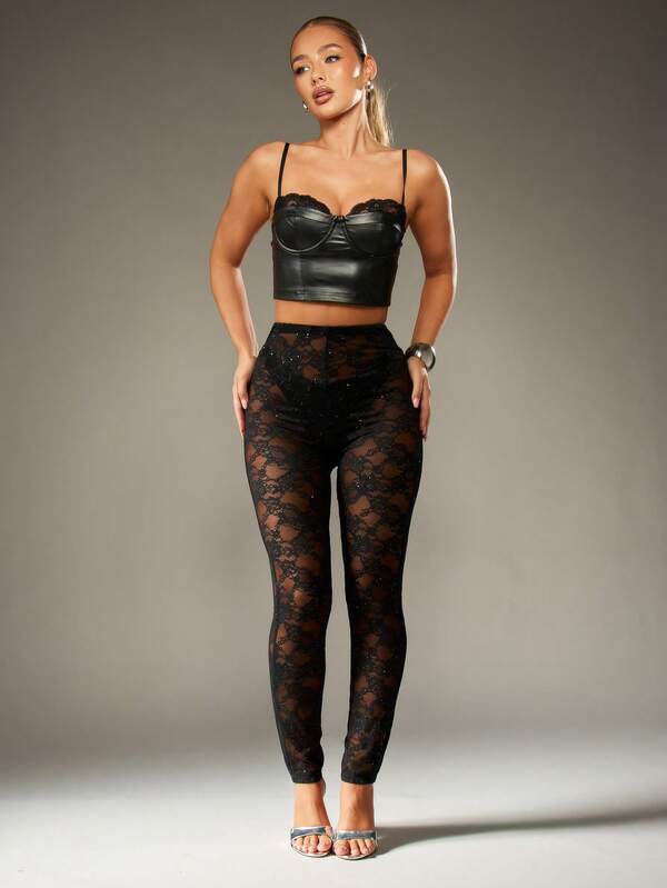 Missguided MISSGUIDED Black Lace Glitter Leggings With Floral Pattern