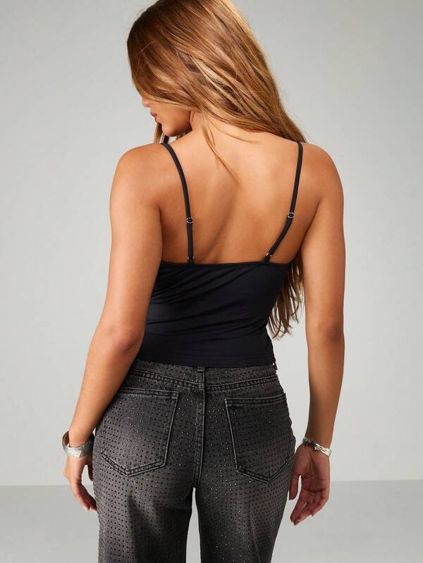 Missguided MISSGUIDED Black Lace Trim Corset Style Cami Top