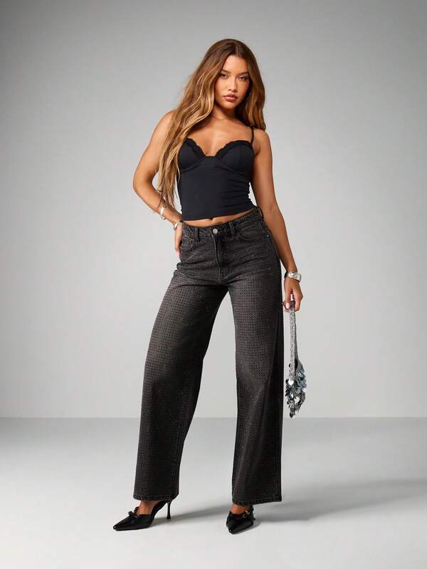 Missguided MISSGUIDED Black Lace Trim Corset Style Cami Top