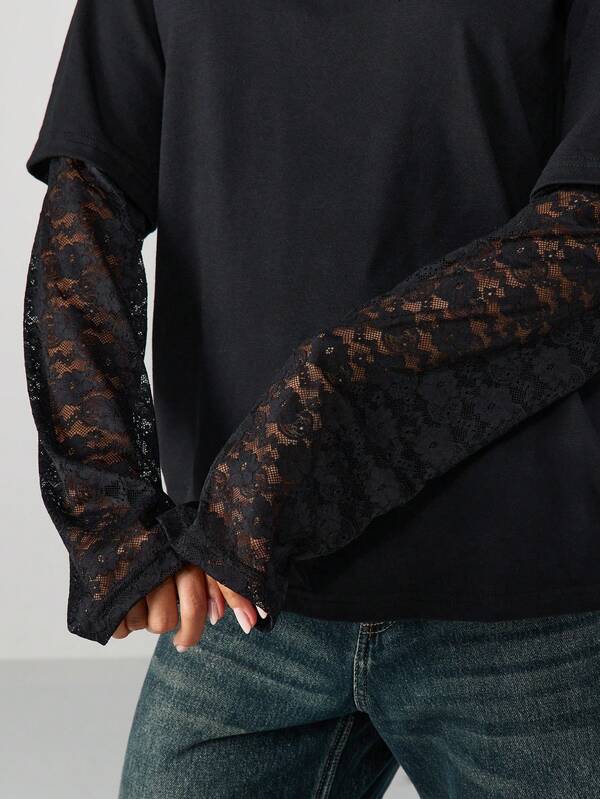 Missguided MISSGUIDED Black Oversized T-Shirt With Lace Sleeves Design