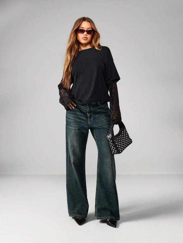 Missguided MISSGUIDED Black Oversized T-Shirt With Lace Sleeves Design