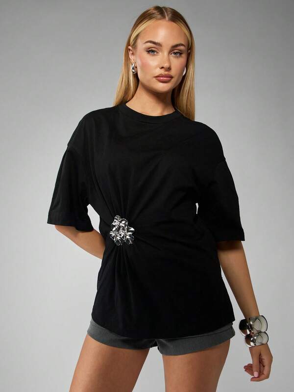 missguided MISSGUIDED Black Oversized Tee With Twist Detail