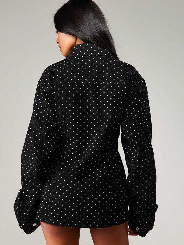 Missguided MISSGUIDED Black Polka Dot Denim Trucker Jacket With Button Front