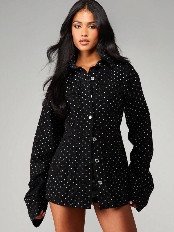 missguided MISSGUIDED Black Polka Dot Denim Trucker Jacket With Button Front