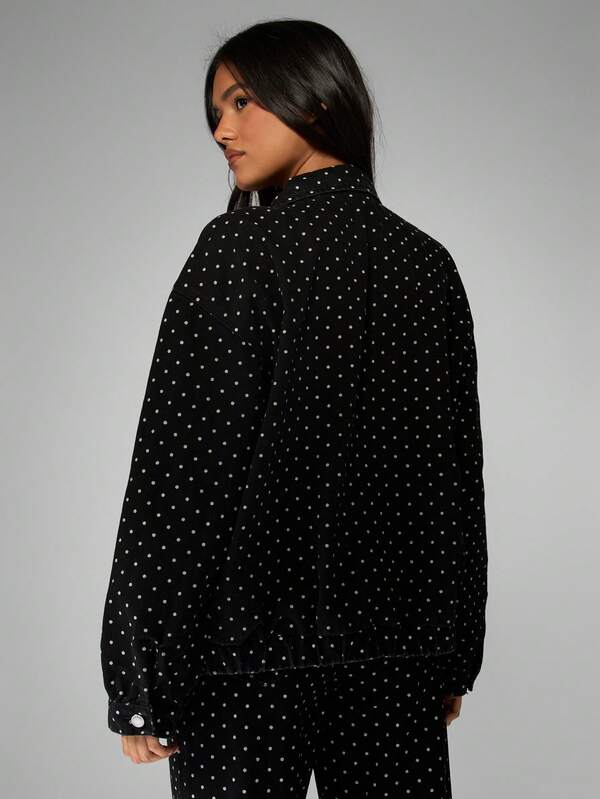 Missguided MISSGUIDED Black Polka Dot Print Denim Bomber Jacket With Zipper Closure