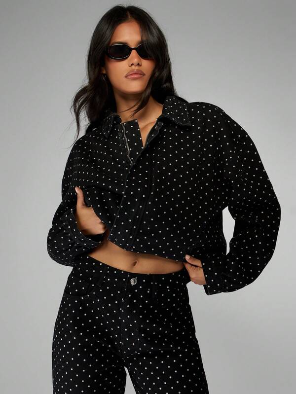 missguided MISSGUIDED Black Polka Dot Print Denim Bomber Jacket With Zipper Closure