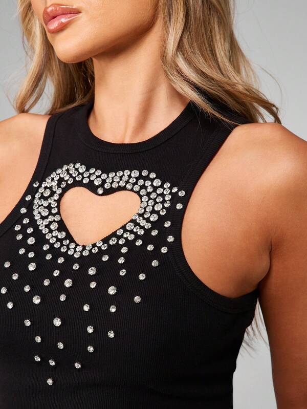 Missguided MISSGUIDED Black Ribbed Tank Top With Heart Cutout And Rhinestones