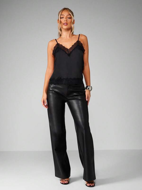 Missguided MISSGUIDED Black Satin Camisole With Lace Trim Detailing